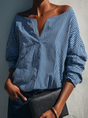 Women's Retro Casual Striped Print Boat Neck Long Sleeve Shirt ZMZ0656G4ZJY