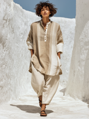 Women's Boho Linen-Blend Stripe Oversized Tunic Top & Harem Pants Two-Piece Set ZMZ0232G2XT