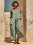 Women's Bohemian-style Linen Ruffled Hem Top And Wide-leg Cropped Trousers Two-piece Set ZMZ0209G9XT