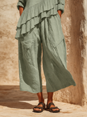 Women's Bohemian-style Linen Ruffled Hem Top And Wide-leg Cropped Trousers Two-piece Set ZMZ0209G9XT