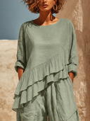 Women's Bohemian-style Linen Ruffled Hem Top And Wide-leg Cropped Trousers Two-piece Set ZMZ0209G9XT