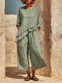 Women's Bohemian-style Linen Ruffled Hem Top And Wide-leg Cropped Trousers Two-piece Set ZMZ0209G9XT