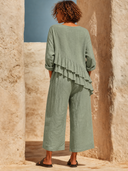 Women's Bohemian-style Linen Ruffled Hem Top And Wide-leg Cropped Trousers Two-piece Set ZMZ0209G9XT