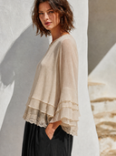 Women's Solid Color Pleated Chiffon Layered Ruffle Lace Trim Shirt ZMZ0227G4XT