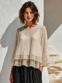 Women's Solid Color Pleated Chiffon Layered Ruffle Lace Trim Shirt ZMZ0227G4XT