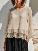 Women's Solid Color Pleated Chiffon Layered Ruffle Lace Trim Shirt ZMZ0227G4XT