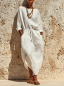 Women's Casual Solid Color Cotton Linen Round Neck Long Sleeve Maxi Dress ZMZ0609G8XT