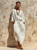 Women's Casual Solid Color Cotton Linen Round Neck Long Sleeve Maxi Dress ZMZ0609G8XT