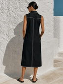 Women's Cotton Collared Zipper Sleeveless Midi Dress ZMZ3021F3XT