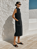Women's Cotton Collared Zipper Sleeveless Midi Dress ZMZ3021F3XT