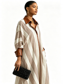 Women's Retro Casual Striped Print PU Collar Long Sleeve Maxi Dress ZMZ0625G4ZJY