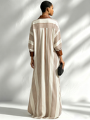 Women's Retro Casual Striped Print PU Collar Long Sleeve Maxi Dress ZMZ0625G4ZJY