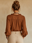 Women's Retro Casual Cotton Linen Ruffled Long-Sleeve V-Neck Shirt ZMZ0677G4ZJY