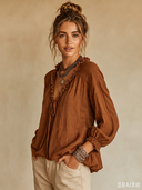 Women's Retro Casual Cotton Linen Ruffled Long-Sleeve V-Neck Shirt ZMZ0677G4ZJY