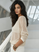 Women's Retro Casual Solid Color Hollow-out Knit Crew Neck Long-Sleeve Top ZMZ0335G7ZJY