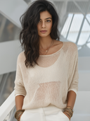 Women's Retro Casual Solid Color Hollow-out Knit Crew Neck Long-Sleeve Top ZMZ0335G7ZJY