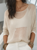 Women's Retro Casual Solid Color Hollow-out Knit Crew Neck Long-Sleeve Top ZMZ0335G7ZJY