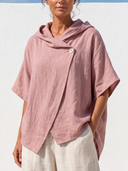 Women Premium Cotton Linen Wrap Blouse Hooded Cowl Neck Short Sleeve Asymmetric Hem Loose Casual Vacation Top ZMZ0781G0YZH