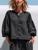 Women Premium Cotton Linen Button Down Blouse Round Neck Puff 3/4 Sleeve Raw Fringe Hem Loose Short Casual Top ZMZ0742G8YZH