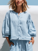 Women Premium Cotton Linen Button Down Blouse Round Neck Puff 3/4 Sleeve Raw Fringe Hem Loose Short Casual Top ZMZ0742G8YZH
