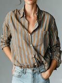 Women's Vintage-Style Casual Striped Cotton Long-Sleeve Shirt ZMZ0360G4ZJY