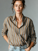 Women's Vintage-Style Casual Striped Cotton Long-Sleeve Shirt ZMZ0360G4ZJY