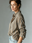 Women's Vintage-Style Casual Striped Cotton Long-Sleeve Shirt ZMZ0360G4ZJY