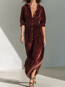 Women's Retro Casual Solid Color Velvet Collar Button-Up Long Sleeve Maxi Dress ZMZ0331G6ZJY