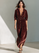 Women's Retro Casual Solid Color Velvet Collar Button-Up Long Sleeve Maxi Dress ZMZ0331G6ZJY