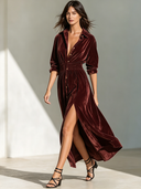 Women's Retro Casual Solid Color Velvet Collar Button-Up Long Sleeve Maxi Dress ZMZ0331G6ZJY