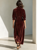 Women's Retro Casual Solid Color Velvet Collar Button-Up Long Sleeve Maxi Dress ZMZ0331G6ZJY