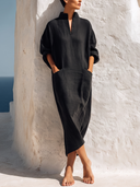 Women Premium Cotton Linen Loose Midi Dress Stand Collar Half Zip Long Sleeve Big Pocket Minimalist Vacation Caftan ZMZ0743G1YZH