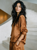 Women's Retro Casual Satin Round Neck Long Sleeve Shirt ZMZ0171G4ZJY