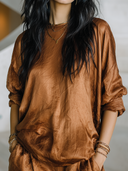 Women's Retro Casual Satin Round Neck Long Sleeve Shirt ZMZ0171G4ZJY