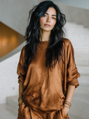 Women's Retro Casual Satin Round Neck Long Sleeve Shirt ZMZ0171G4ZJY