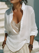 Women's Retro Casual Cotton Linen Solid Color Collared Long-Sleeve Shirt ZMZ0122G0ZJY