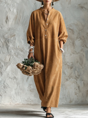 Women's Vintage-Style Faux Suede With Henley Neck And Lantern Sleeves Loose Maxi Dress ZMZ0761G9ZYY