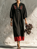 Women's Premium Vintage Cotton-Linen Embroidered V-Neck Lantern-Sleeve Loose Midi Dress ZMZ0759G5ZYY