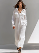 Women's Retro Casual Cotton Linen Solid Color Hooded Pocket Long Sleeve Maxi Dress ZMZ0115G6ZJY