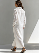 Women's Retro Casual Cotton Linen Solid Color Hooded Pocket Long Sleeve Maxi Dress ZMZ0115G6ZJY