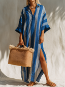 Women's Casual Resort-Style Cotton-Linen Vertical-Stripe V-Neck Flared-Sleeve Loose Maxi Dress ZMZ0777G5ZYY