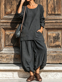 Women's Vintage Minimalist Cotton-Linen Crew Neck Long-Sleeve T-Shirt And Lantern Pants Set ZMZ0700G3ZYY