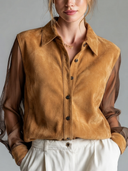 Women's Vintage-Style Faux Suede And Mesh Panel Long-Sleeve Shirt ZMZ0729G1ZYY