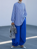 Women's Classic Casual Blue-and-White Checkered Cotton Long-Sleeve Crew-Neck Shirt And Cotton-Linen Harem Pants Set ZMZ0790G8ZYY