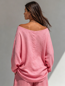 Women's Retro Casual Cotton Linen Solid Color Boat Neck Long Sleeve Shirt ZMZ0106G4ZJY