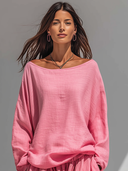 Women's Retro Casual Cotton Linen Solid Color Boat Neck Long Sleeve Shirt ZMZ0106G4ZJY