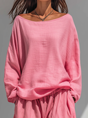 Women's Retro Casual Cotton Linen Solid Color Boat Neck Long Sleeve Shirt ZMZ0106G4ZJY