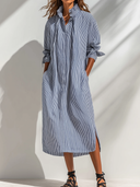 Women's Retro Casual Striped Long-Sleeved Midi Dress ZMZ0132G3ZJY
