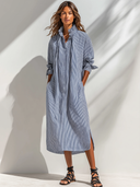 Women's Retro Casual Striped Long-Sleeved Midi Dress ZMZ0132G3ZJY