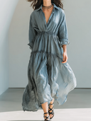 Women's Retro Casual Cotton Linen Ruffled Long-Sleeve Maxi Dress ZMZ0112G6ZJY